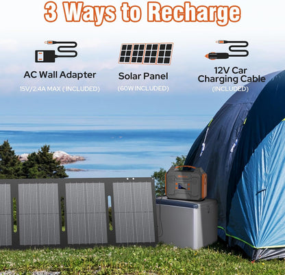 Portable Power Station with Solar Panel 60W,300W Solar Generator with Panels,100W Portable Power Bank 110V AC Outlet Fast Charging External Laptop Battery Pack for Camping Smart Device RV Van Outdoor